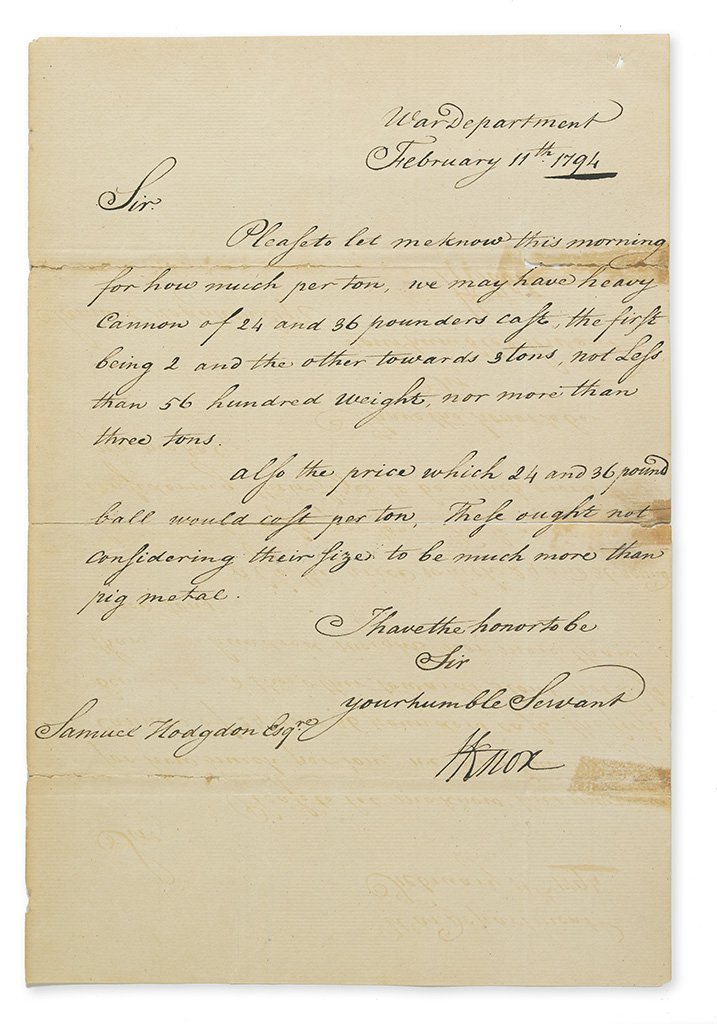 KNOX, HENRY. Letter Signed, HKnox, as Secretary of War, to Samuel Hodgdon,